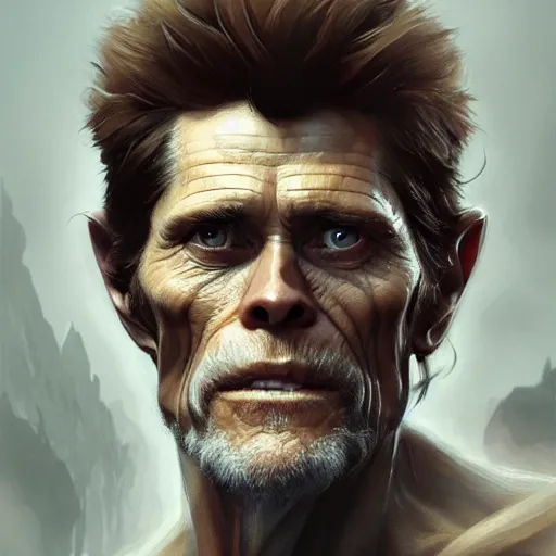 Image similar to Willem Dafoe, closeup, D&D, fantasy, intricate, elegant, highly detailed, digital painting, artstation, concept art, matte, sharp focus, illustration, hearthstone, art by Artgerm and Greg Rutkowski and Alphonse Mucha