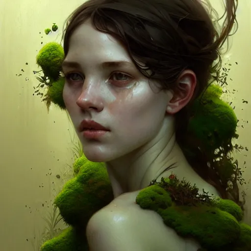 Image similar to A portrait of a girl covered in moss, face, intricate, elegant, highly detailed, digital painting, artstation, concept art, smooth, sharp focus, illustration, art by Krenz Cushart and Artem Demura and alphonse mucha