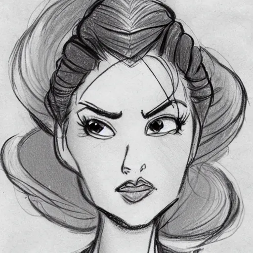 Image similar to milt kahl sketch of vanessa hudgeons with done up hair, tendrils covering face and ponytail as princess padme from star wars episode 3