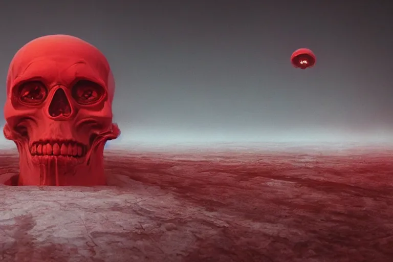 Image similar to a hovering red skull, surreal frozen landscape, 8 k, cinematic lighting, by beeple and zdzisław beksinski