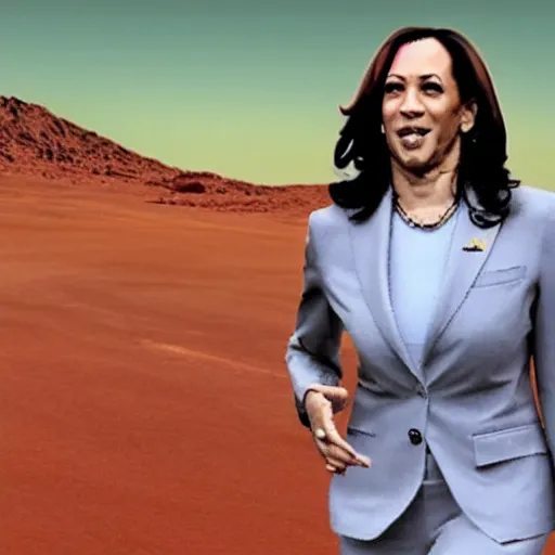 Prompt: photograph of Kamala Harris walking on Mars