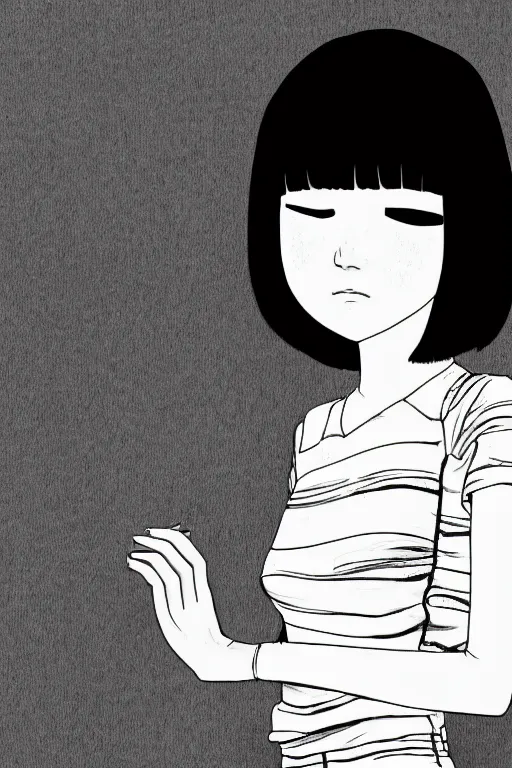 Image similar to portrait of a girl in long pants and a top, hands in pockets, eyes closed, bob haircut, digital art, black and white, lineart by junji ito