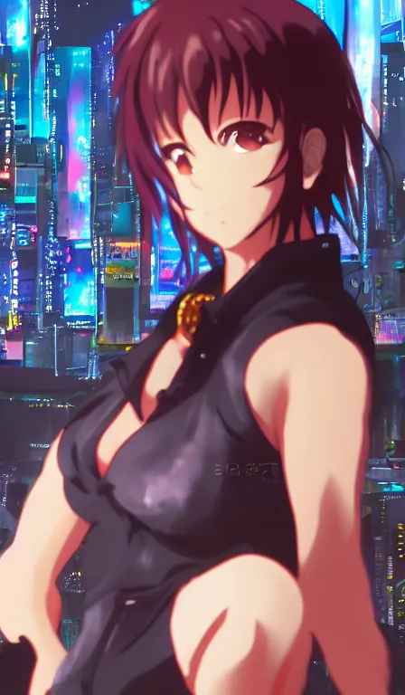 Image similar to anime fine details portrait of Revy in front of cyberpunk moder city landscape on the background deep bokeh, close-up view, anime masterpiece by Studio Ufotable. 8k, sharp high quality anime, artstation