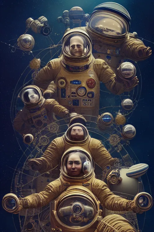 Prompt: portrait of a team of space explorers, in style of Midjourney, insanely detailed and intricate, golden ratio, elegant, ornate, elite, haunting, matte painting, cinematic, cgsociety, miyazaki, vivid and vibrant