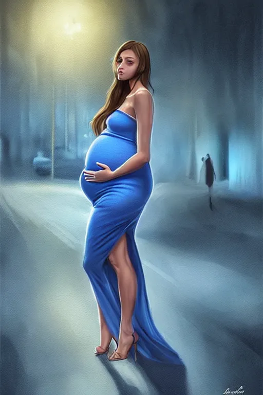 Image similar to pregnant woman in a short blue dress in night under street light, highly detailed, sharp focused, ultra realistic digital concept art by artgerm and gre