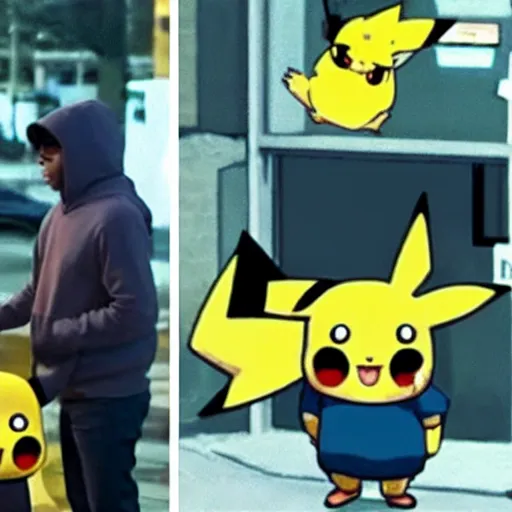 Image similar to CCTV footage of pikachu buying drugs from a random dude in a hoodie in an alley