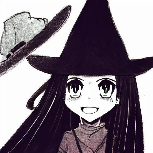 Prompt: an anime drawing of a happy woman in a very large oversized witch hat, anime styled, cute