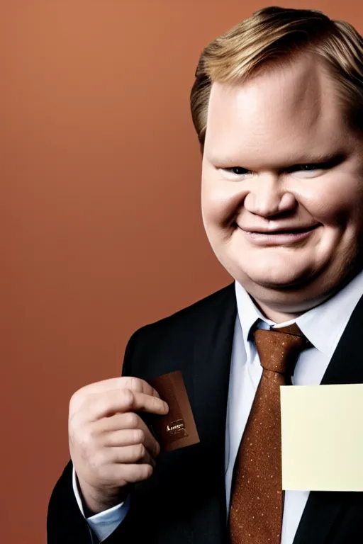 Image similar to andy richter wearing a brown suit and necktie, ultra hd photo, 3 5 mm close up, fish eye, realistic, smiling, holding a postcard from chicago