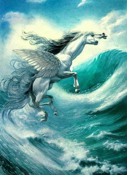 Prompt: pegasus runing through ocean wave, exquisite details, denoised, mid view, byi by alan lee, norman rockwell, makoto shinkai, kim jung giu, poster art, game art