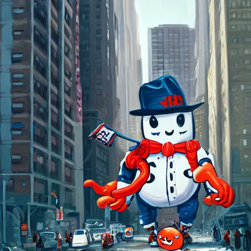 Prompt: a giant ghostbusters stay puff marshmallow man wearing timberland shoes and a yankee hat smoking a joint walking in new york city, highly detailed portrait, digital painting, artstation, concept art, smooth, sharp foccus ilustration, artstation hq