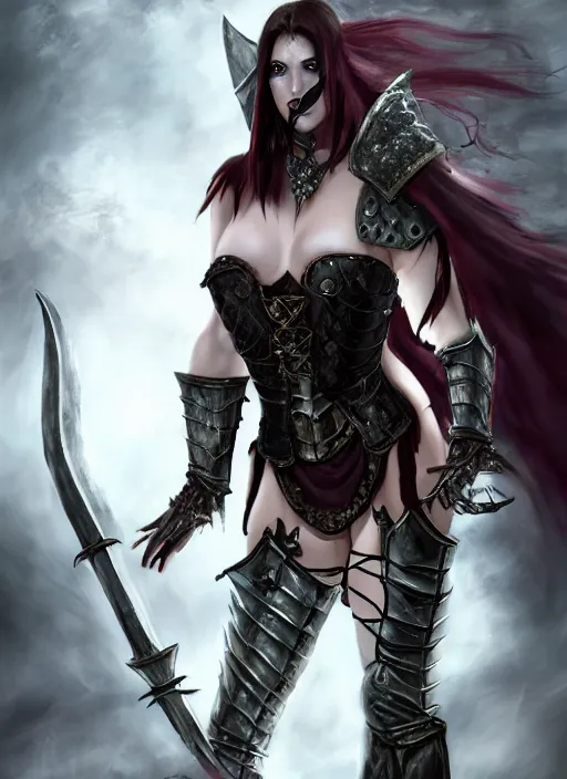 Image similar to fantasy visual, female vampire warrior, full body portrait, barefoot, no shoes, exposed toes, nail polish, black full plate armor, historical armor, realistic armor, muscular, covered chest, metal mask, giant two - handed sword dripping blood, flying, grinning, realistic, dungeons and dragons.