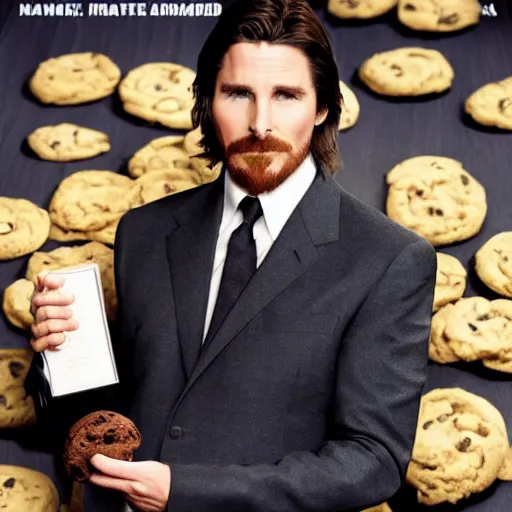 Image similar to Christian Bale wearing a suit whilst holding a cookie, film poster, 4k, award winning