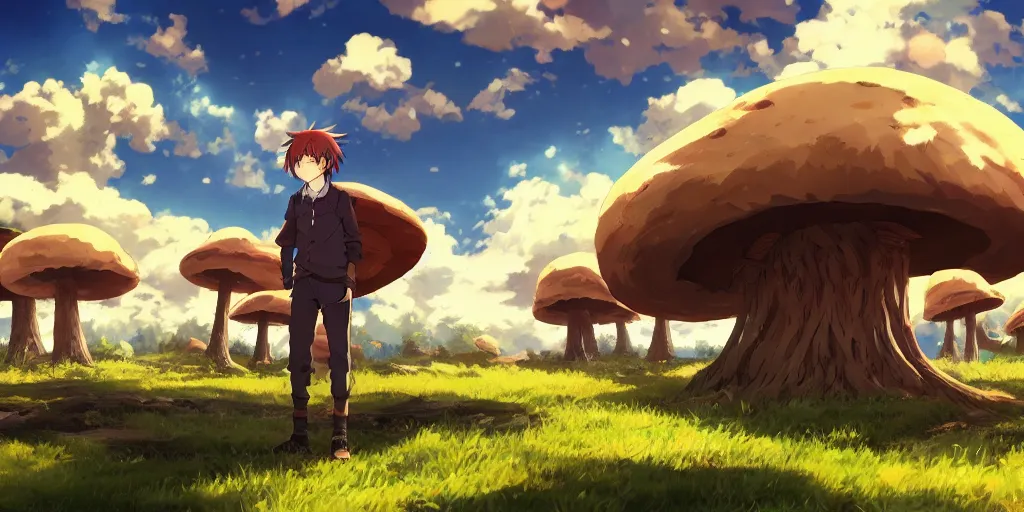 Prompt: isekai masterpiece anime boy standing tree log looking up at giant mushrooms, high noon, cinematic, very warm colors, intense shadows, layered stratocumulus clouds, anime illustration, anime screenshot composite background