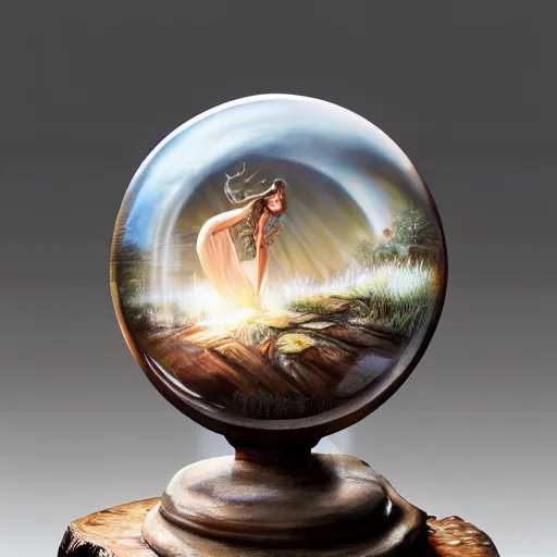 Image similar to crystal ball on a wood stand with a beautiful dreamscape inside, studio product photography, super highly detailed, professional digital painting, artstation, concept art, smooth, sharp focus, extreme illustration, unreal engine 5, photorealism, beautiful, cinematic, art by artgerm and rutkowski and alphonse mucha and loish and wlop