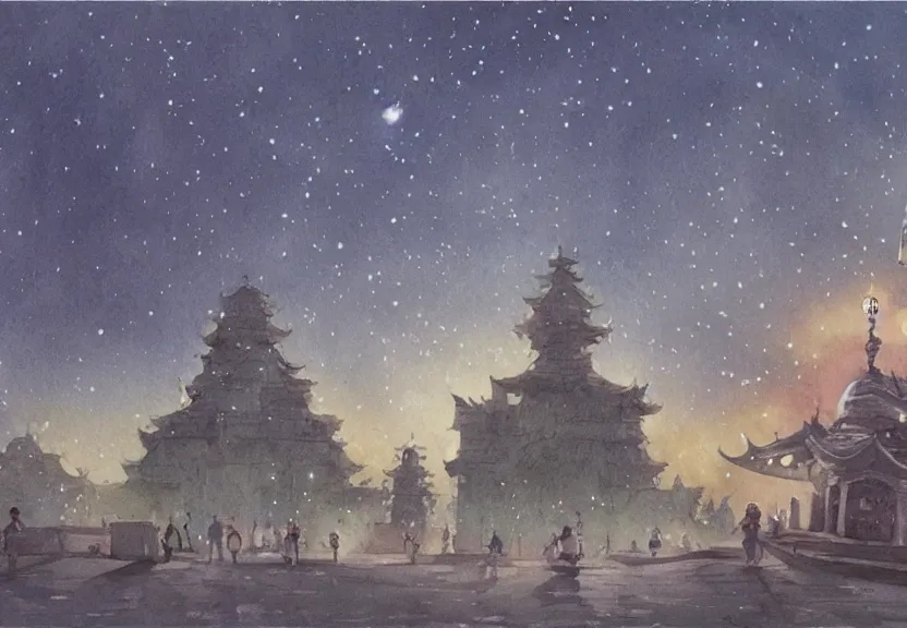 Image similar to a hyperrealist watercolor concept art from a studio ghibli film showing one giant grey aliens. a temple is under construction in the background in india on a misty and starry night. by studio ghibli. very dull muted colors