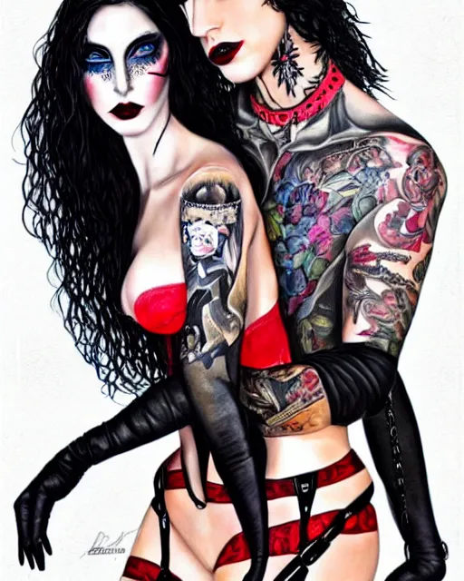 Prompt: full bodies portrait painting of two sexy fit young pale black long haired super models full of tattoos, super model, modeling, corset, pastel makeup, worksafe, clothes fully on, dressed up, black hair, red lips, inner glow, fishnet, leather, chains, handcuffs, beautiful detailed face, paint by baars ingrid. masterpiece