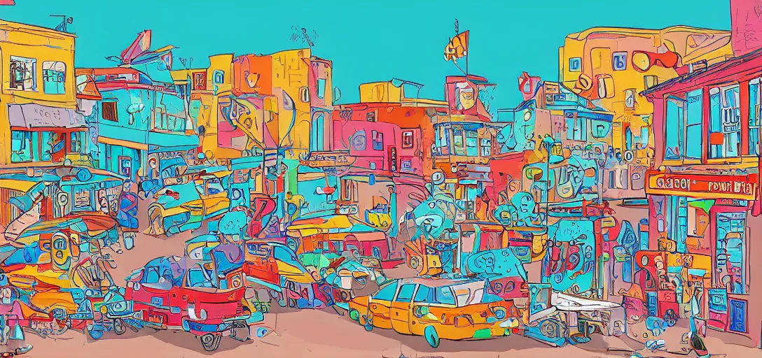 Prompt: an illustration of a funny colorful trashy town by Aurelien Predal