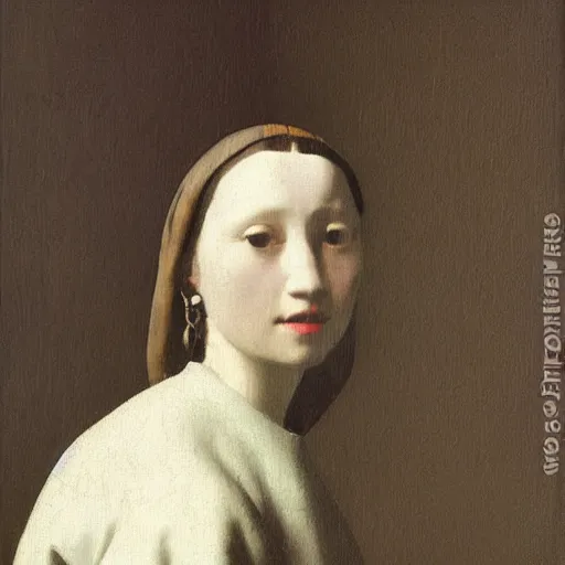 Prompt: A portrait created by Johannes Vermeer of a young woman, delicate and serene, in muted colors.