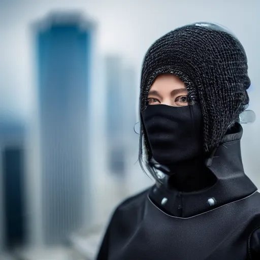 Prompt: photographic portrait of a techwear woman, closeup, on the rooftop of a futuristic city, sigma 85mm f/1.4, 4k, depth of field, high resolution, 4k, 8k, hd, full color