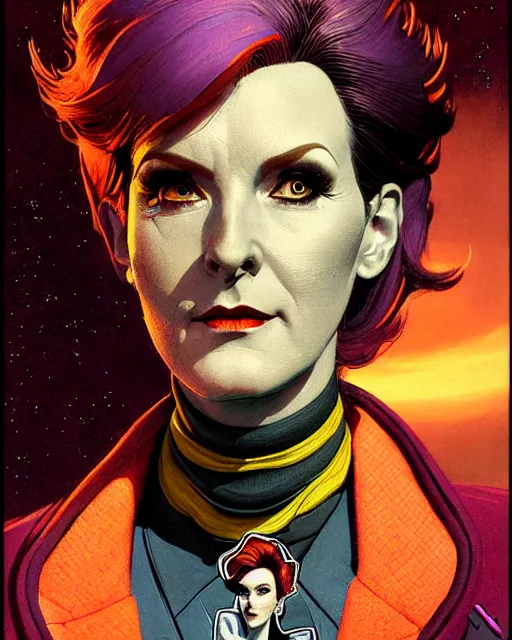 Image similar to moira from overwatch, character portrait, portrait, close up, concept art, intricate details, highly detailed, vintage sci - fi poster, in the style of chris foss, rodger dean, moebius, michael whelan, and gustave dore