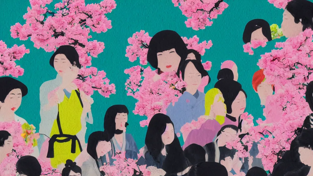 Image similar to close - up, of a woman in a small group of people flower viewing sakura picnic, japan, a collage painting, in the style of wes anderson, lola dupre, david hockney, isolated on negative white space background dark monochrome neon fluorescent spraypaint accents volumetric octane render