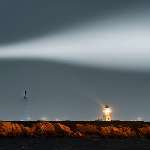 Image similar to stormy ocean at night, lighthouse in the background concealed by fog