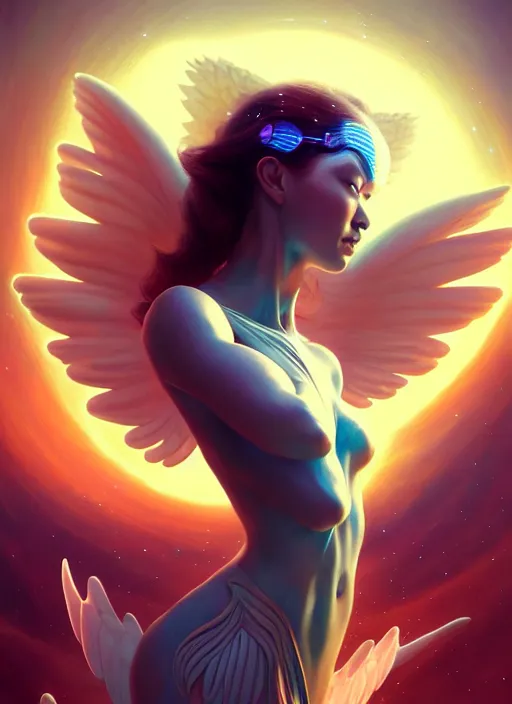 Image similar to portrait of beautiful angel girl with wings like a galaxy in space holding the universe in her hands, cyberpunk, 3 d render, hyper realistic detailed, scifi, fantasy, octane render, concept art, peter mohrbacher, artgerm, ruan jia, wlop, cyberpunk, dynamic lighting