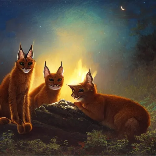 Image similar to three cute caracals wearing red bows, campfire, night, atmospheric lighting, intricate, volumetric lighting, digital art, highly detailed by gaston bussiere, craig mullins, j. c. leyendecker 8 k