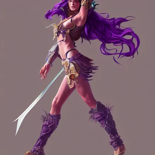 Image similar to beautiful female warrior with long purple hair and sword leaping through the air, highly detailed, trending on artstation, stylized, by WLOP