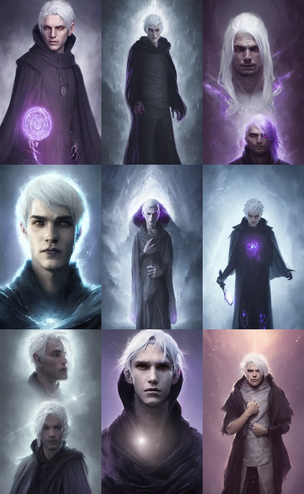 Prompt: portrait of a young man with silver hair, silver hair, wearing a black cloak, glowing purple eyes, fantasy, highly detailed, cinematic lighting, digital art painting by greg rutkowski