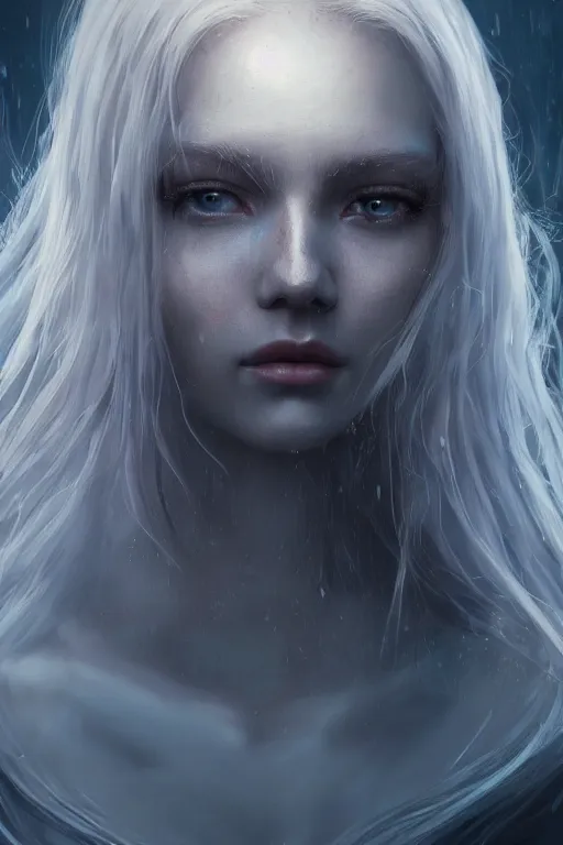 Image similar to a fancy portrait of a beautiful young woman with long white hair and blue eyes by greg rutkowski, sung choi, mitchell mohrhauser, maciej kuciara, johnson ting, maxim verehin, peter konig, bloodborne, 8 k photorealistic, cinematic lighting, hd, high details, dramatic, dark atmosphere, trending on artstation