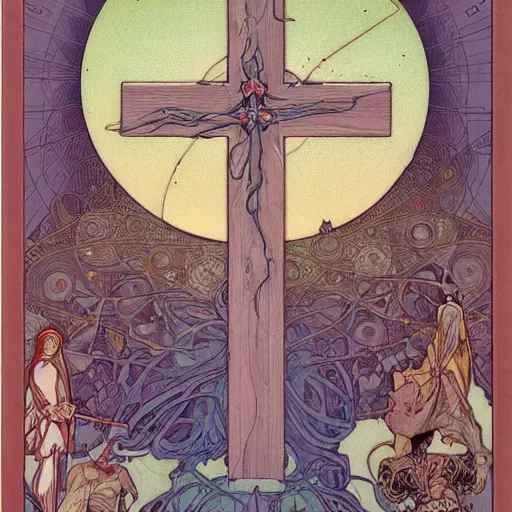 Image similar to a spiritual cross on top of a holy mountain, holy geometry, Mucha, Moebius, Mohrbacher