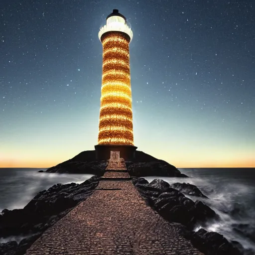 Image similar to a photo of an alien lighthouse covered in scales, lit by an eerie background glow