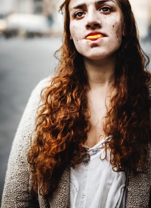 Image similar to Mid-shot portrait of a beautiful 30-year-old woman from Moldova, with freckles and wavy hair, candid street portrait in the style of Martin Schoeller award winning, Sony a7R