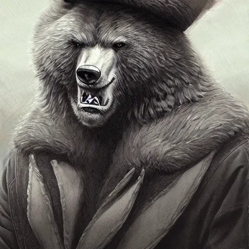 Image similar to dashing charming grinning charismatic bear beast-man rogue, wearing captain's tricorne hat, naval background, amazing, lifelike award winning pencil illustration trending on art station artgerm Greg rutkowski cinematic