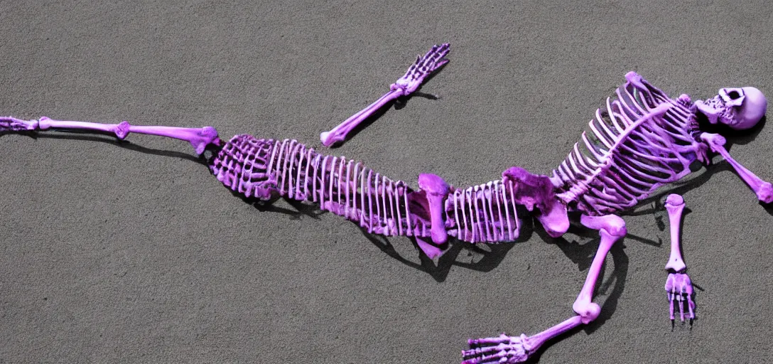 Prompt: the skeleton lies on the ground in front of the computer, office, magenta and blue