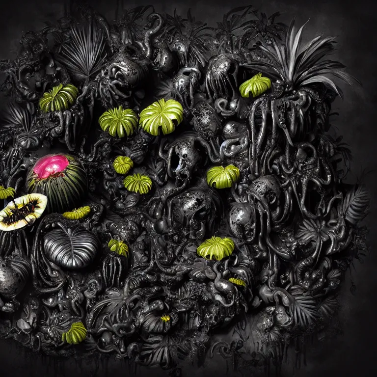 Image similar to still life of surreal alien black tropical flowers, rotten moldy black mold, dripping black paint, surreal alien ribbed black tropical fruit, black human spine, black background baroque painting, beautiful detailed intricate insanely detailed octane render, 8K artistic photography, photorealistic, chiaroscuro, Raphael, Caravaggio