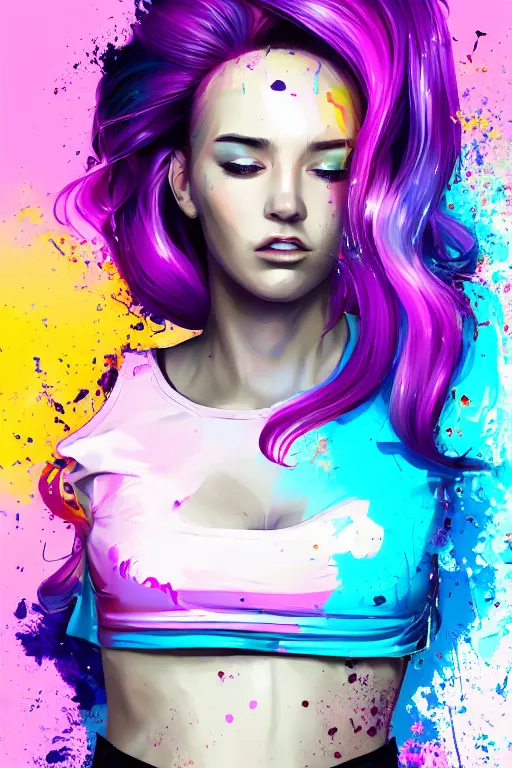 Prompt: a award winning half body portrait of a beautiful woman in a croptop and cargo pants with ombre purple pink teal hairstyle with head in motion and hair flying by artgerm, paint splashes, splatter, outrun, vaporware, shaded flat illustration, digital art, trending on artstation, highly detailed, fine detail, intricate