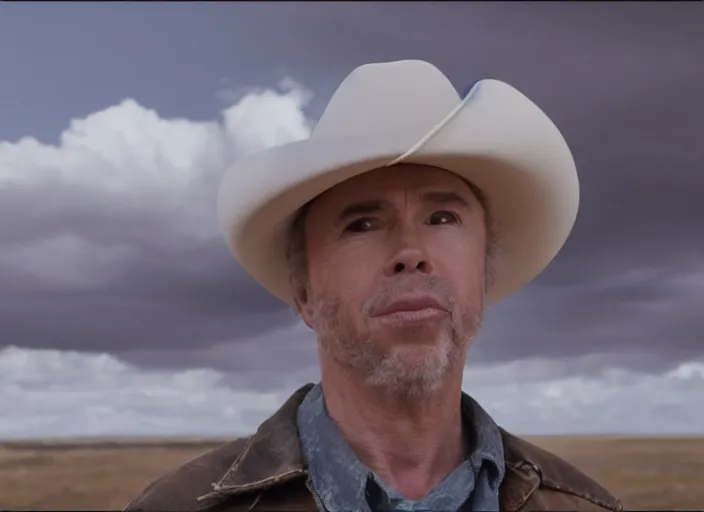 Image similar to film still of Clint Howard as Cooper with cowboy hat on in Interstellar, 4k