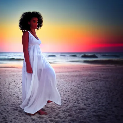 Image similar to a beautiful photograph of a woman in a white dress on the beach at sunset, by krysia lukkason