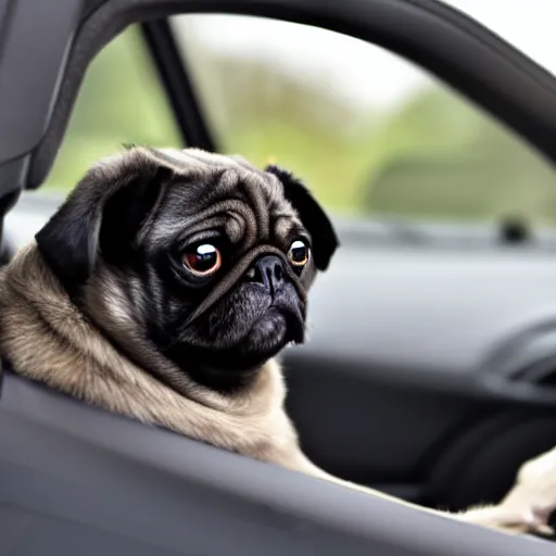 Image similar to picture of a black pug driving a car