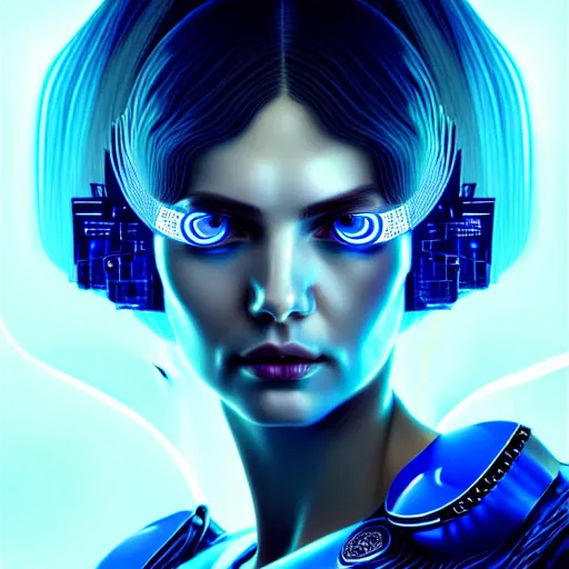 Prompt: woman with extremely large and intricate haircut with friendly blue eyes and slim features looking askance, eye cyberpunk bionics, retro futurist style, intricate, elegant gleaming jewelry, angelic halo, highly detailed, digital painting, artstation, concept art, smooth, sharp focus, illustration, art by wlop, mars ravelo and greg rutkowski,