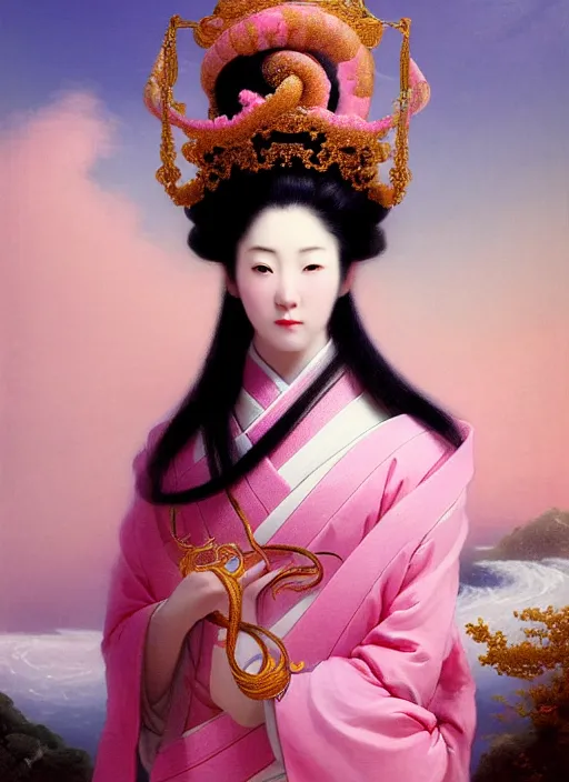 Prompt: stunning japanese godess princess, detailed pink and white of tentacles head peace against a black backdrop by ivan aivazovsky, 3 / 4 view portrait, wlop, super sharp details, photorealism, canon 5 d, 5 0 mm lens, stunning photoshot, beautiful soft lighting, muted colours, artstation