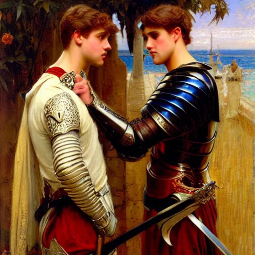 Image similar to attractive fully clothed arthur pendragon confesses his love for his attractive fully clothed male knight. highly detailed painting by gaston bussiere and j. c. leyendecker 8 k