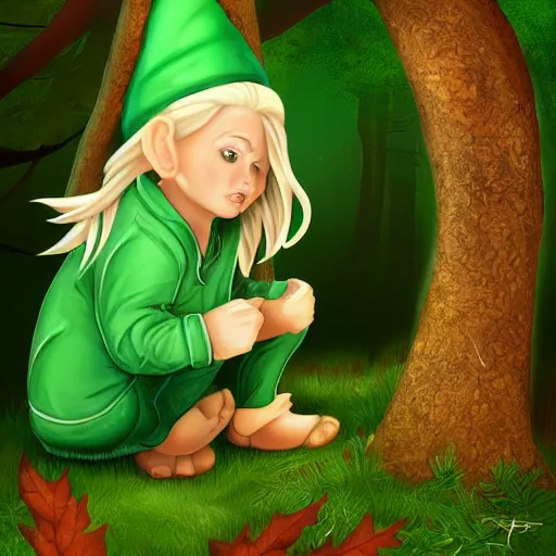 Image similar to a gnome with blonde hair, green eyes, and light maple colored skin lurking in the forest, digital art