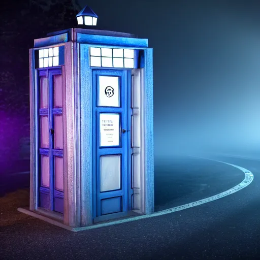 Image similar to a hyperdetailed photograph of the tardis sat on a futuristic street corner, night, dense fog, rain, hd, 8 k resolution