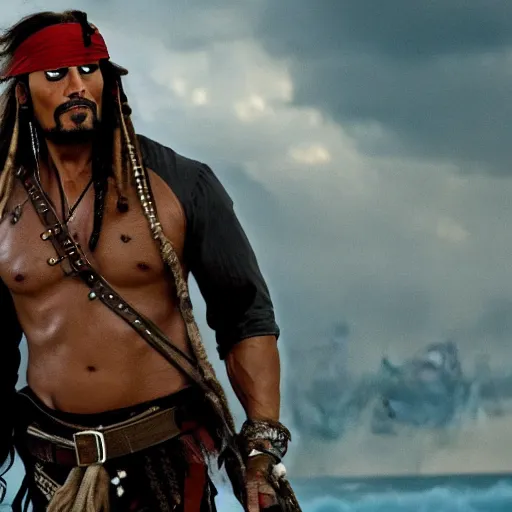 Prompt: Dwayne Johnson as jack sparrow, film still