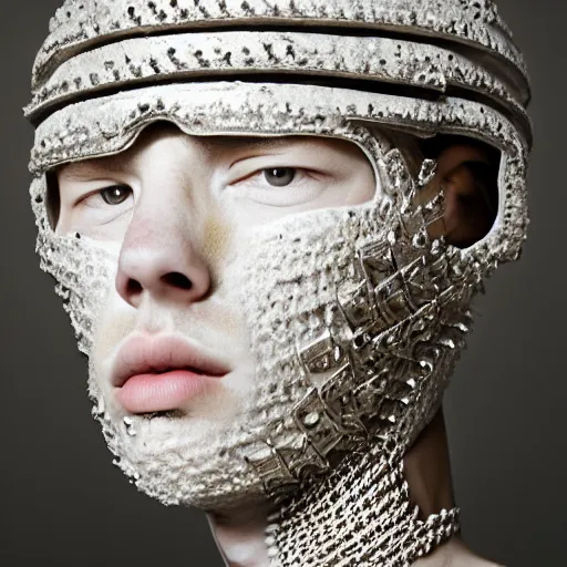 Prompt: a portrait of a beautiful young male wearing an alexander mcqueen armor made of salt , photographed by andrew thomas huang, artistic