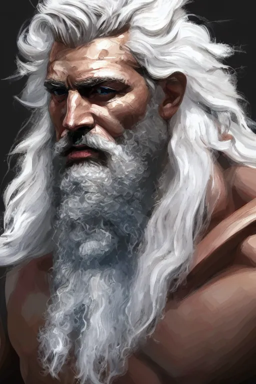 Image similar to painted portrait of rugged zeus, god of thunder, greek god, white hair, masculine, powerful, handsome, opulent, upper body, white robe, muscular, hairy torso, fantasy, intricate, elegant, highly detailed, digital painting, artstation, concept art, smooth, sharp focus, illustration, art by craig mullins and magali villeneuve