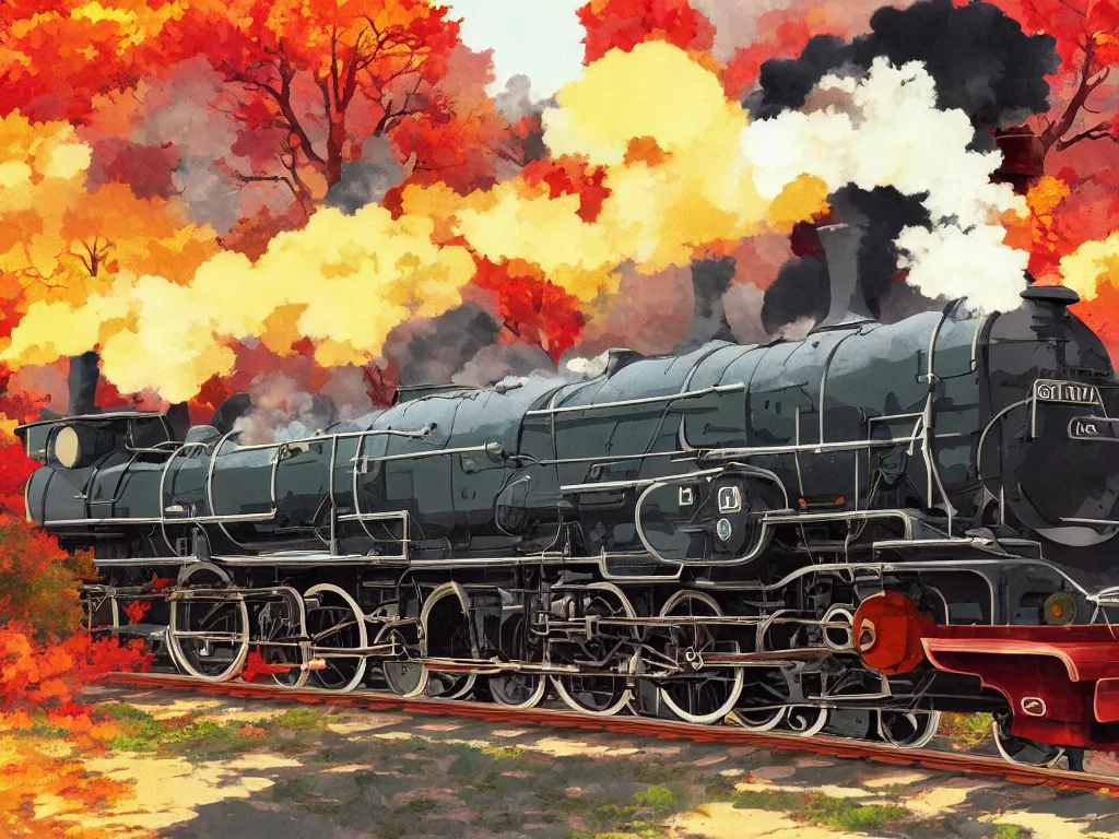 Image similar to cross - section close - up view of a steam anime train, autumn light, colorful, smoke, beautiful, by studio ghibli, digital art, concept art, sharp focus, illustration